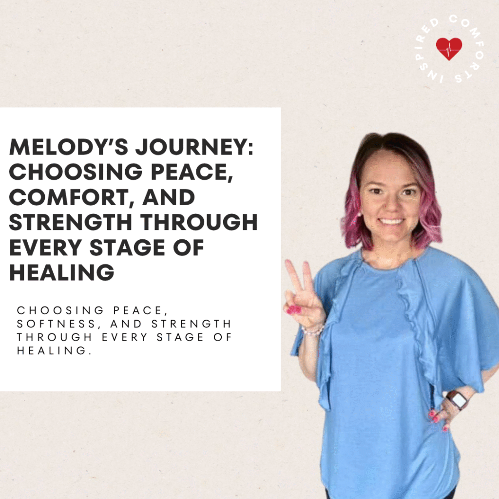 Melody, a breast cancer survivor, sitting comfortably in a soft adaptive top, smiling gently as she rests in a cozy home setting.