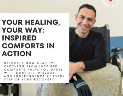 A man sitting in a wheelchair wearing adaptive clothing from Inspired Comforts. He appears relaxed and confident in a comfortable indoor setting, with his outfit designed for easy access and privacy during medical care.