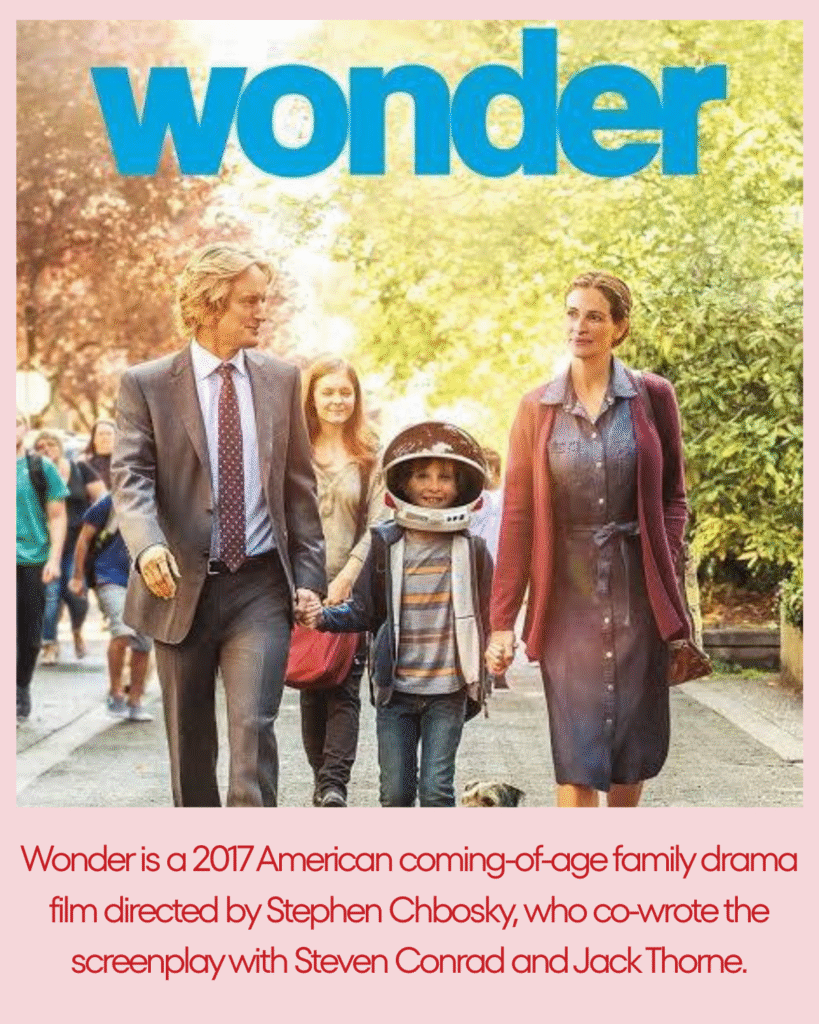 Scene from Wonder showing a young boy with a facial difference and his family, a Netflix movie about kindness and acceptance
