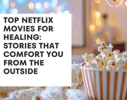 Cozy Netflix movie night with popcorn and blanket, perfect for healing and feel good films