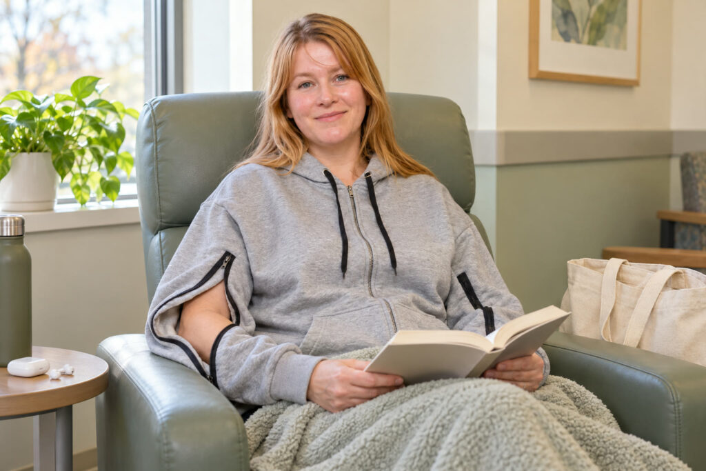 Woman in a grey fleece hoodie relaxing in a bright infusion chair with a paperback and blanket