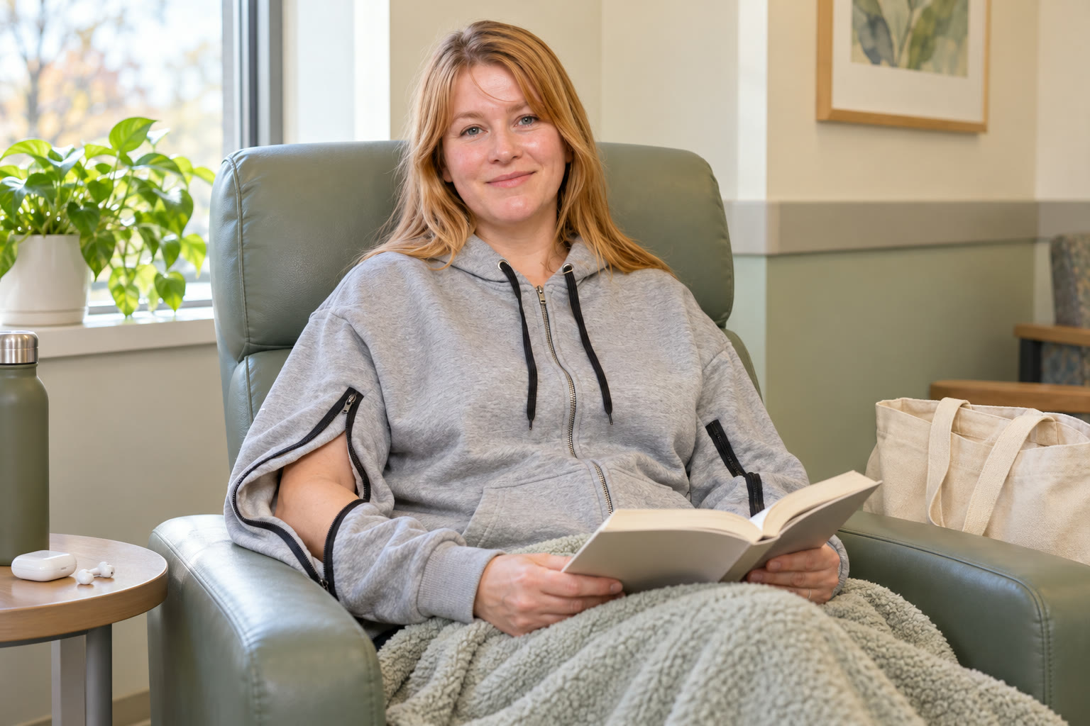 Woman in a grey fleece hoodie relaxing in a bright infusion chair with a paperback and blanket
