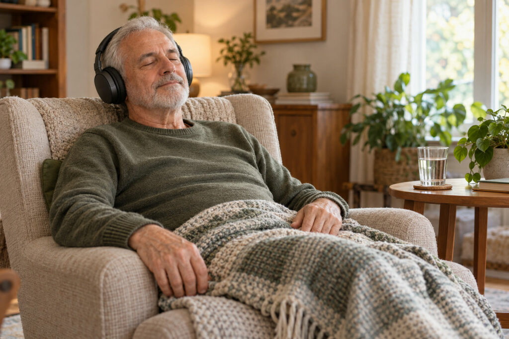 Older man in headphones resting with eyes closed in a cozy armchair, glass of water on a wooden side table