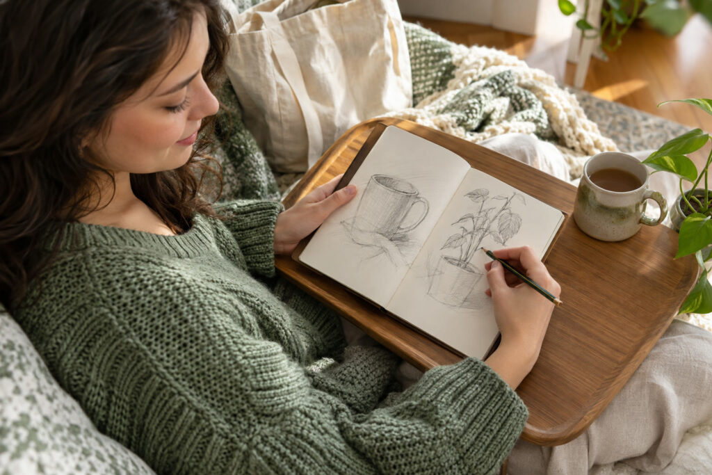 Woman's hands sketching a mug and plant in a small sketchbook on a lap tray beside a soft blanket