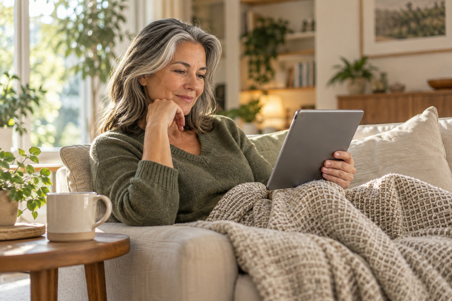 Woman relaxing on a sofa with a blanket, watching a video on a tablet in a sunlit living room