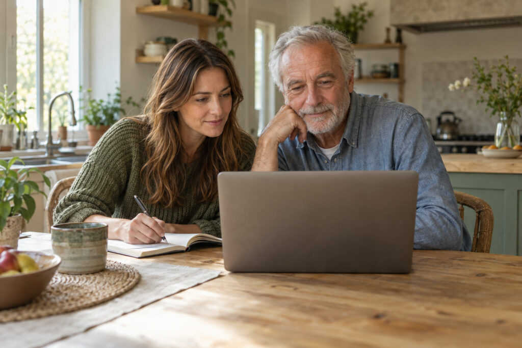 Father and adult daughter at a kitchen table watching a laptop and taking notes together