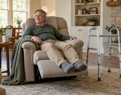Man resting in a sunlit living room recliner with a walker and a mug of tea beside him during early recovery at home
