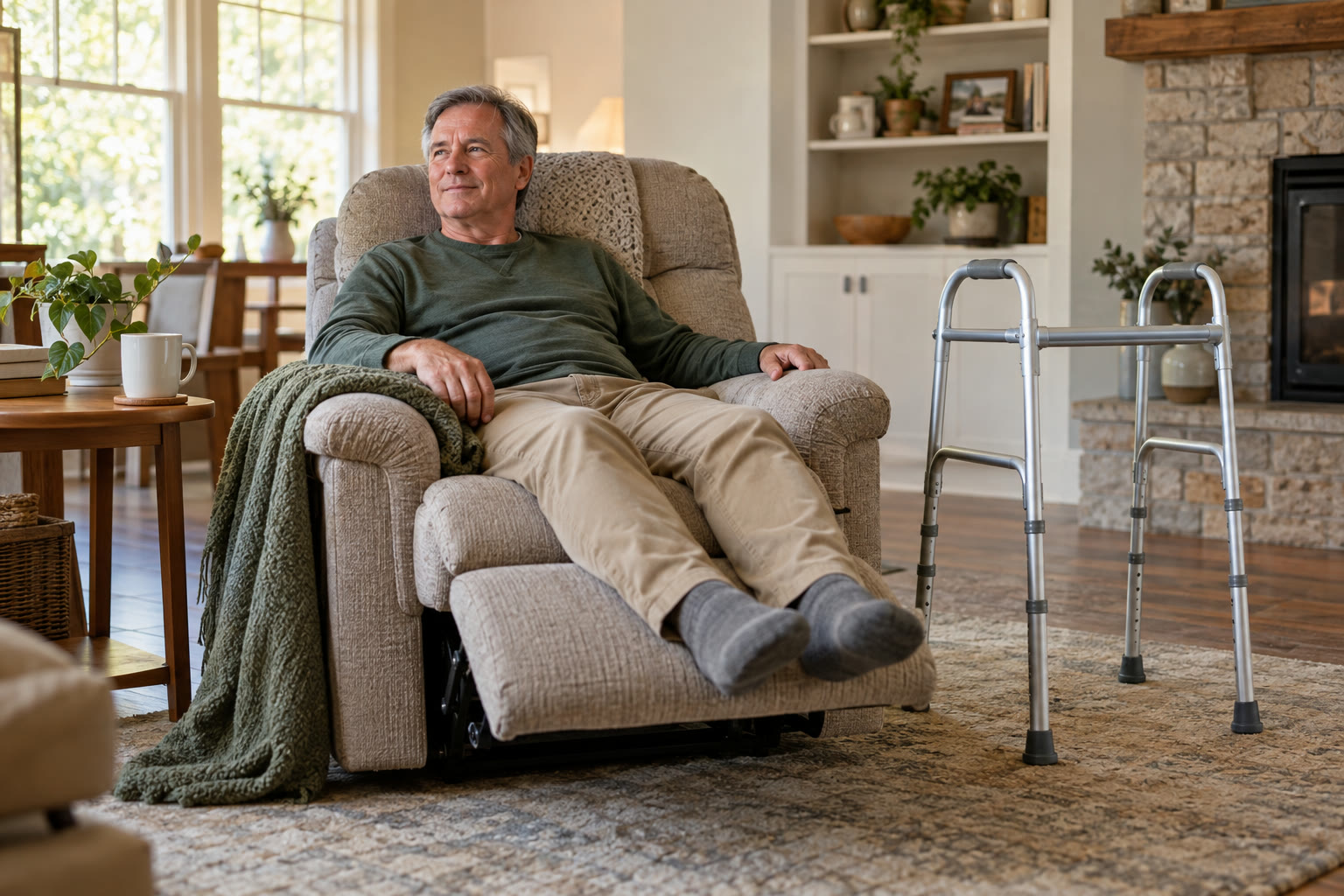 Man resting in a sunlit living room recliner with a walker and a mug of tea beside him during early recovery at home
