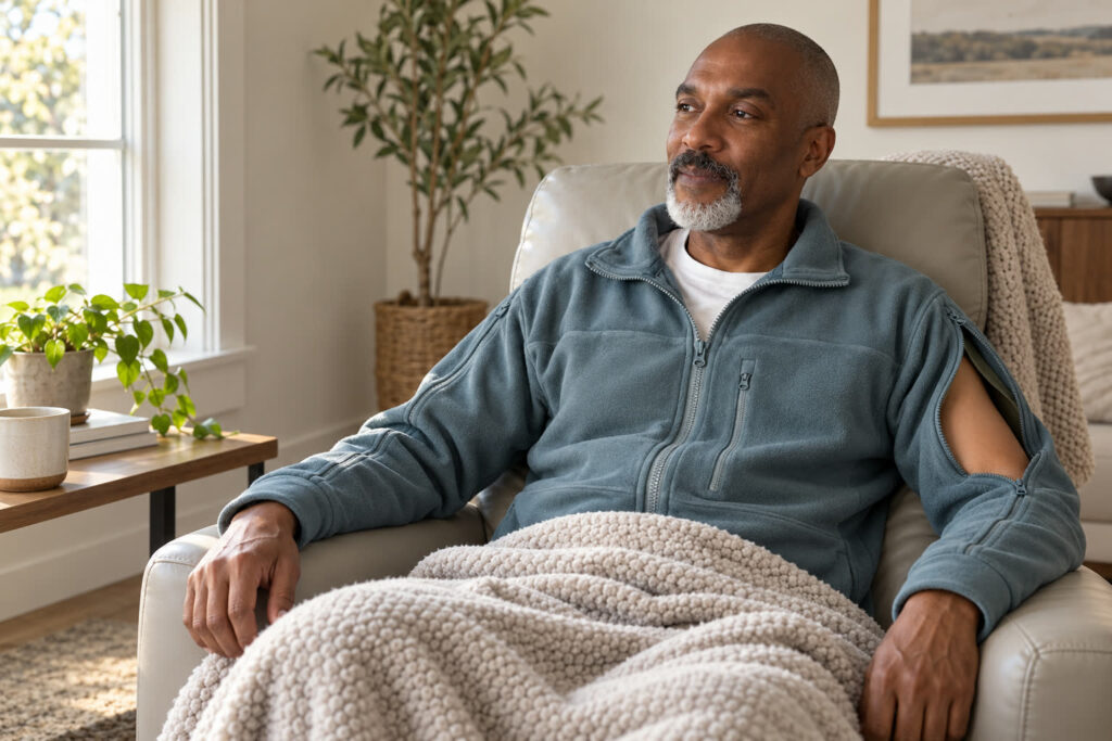 Man in a slate blue fleece jacket resting in a treatment chair, sleeve zipper open at the upper arm