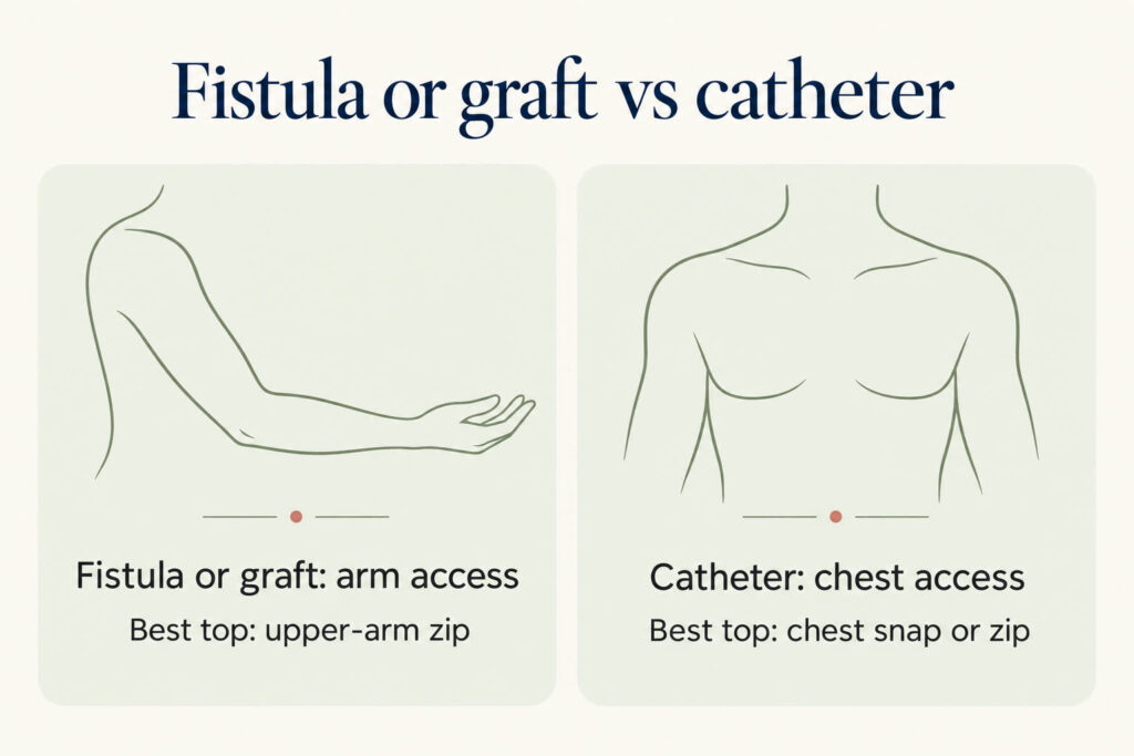 Simple comparison graphic of arm access versus chest access and the best top design for each