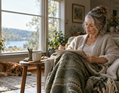Woman in an armchair by a sunny window sketching in a notebook with a blanket over her knees