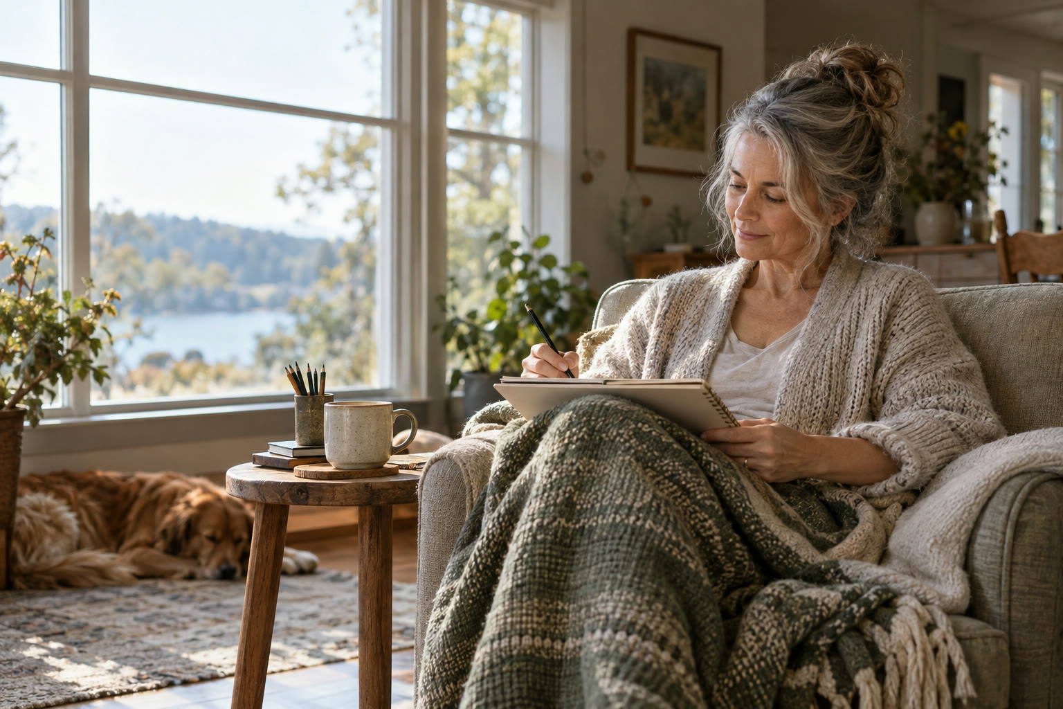 Woman in an armchair by a sunny window sketching in a notebook with a blanket over her knees