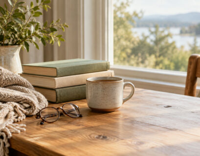 Stack of books, mug of tea and folded blanket on a wooden table by a sunlit window