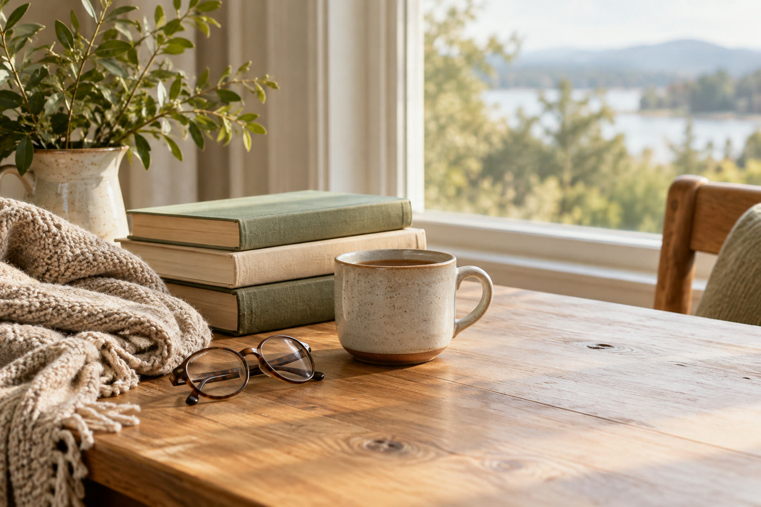 Stack of books, mug of tea and folded blanket on a wooden table by a sunlit window