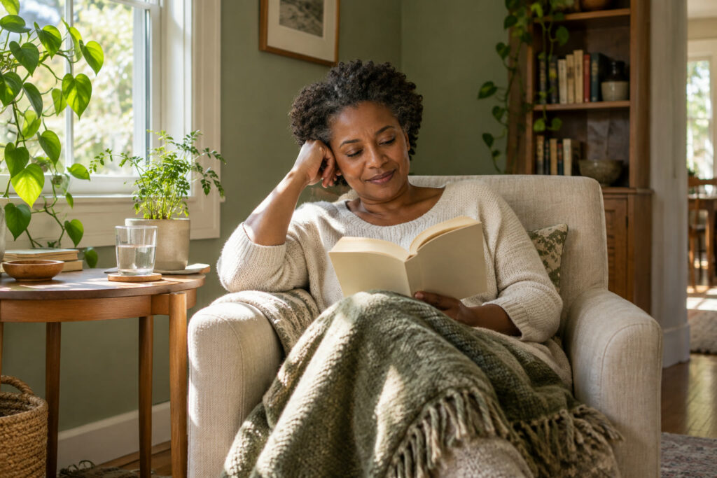 Woman reading a paperback in a sunlit armchair at home with a blanket over her knees