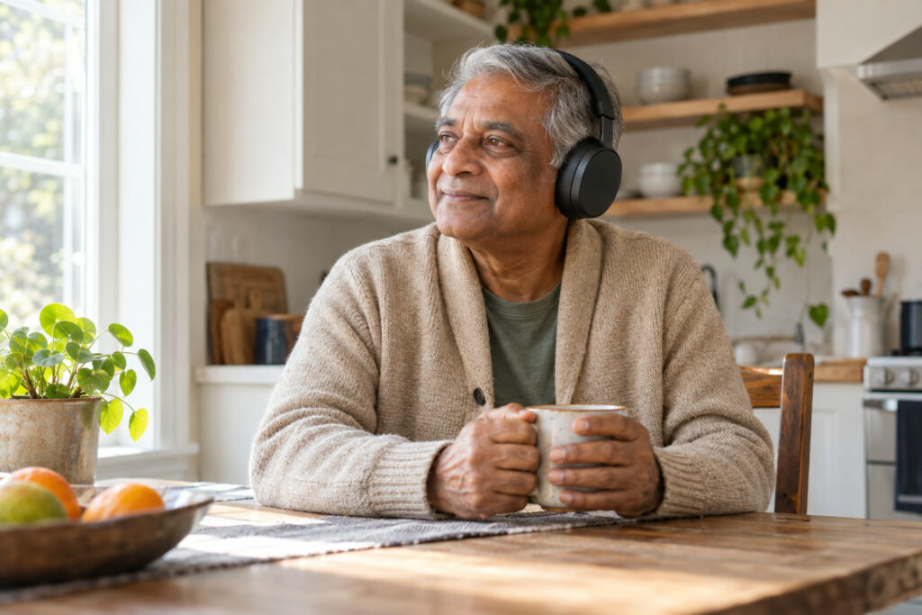 Older man wearing headphones and holding a mug at a bright kitchen table, listening calmly