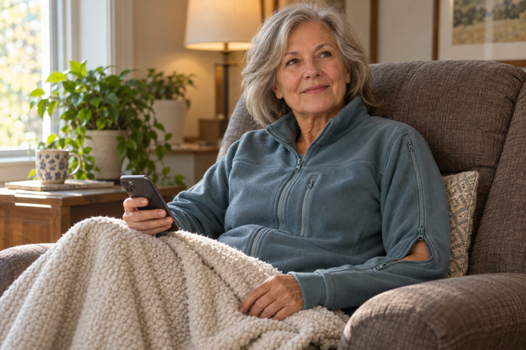 Woman relaxing in a treatment chair in a slate blue fleece jacket with the sleeve zipper opened at the forearm