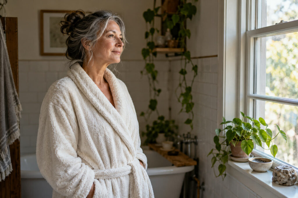 Woman in a towel robe standing quietly by a bright bathroom window in soft morning light