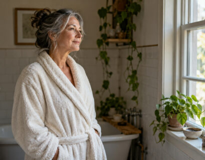 Woman in a towel robe standing quietly by a bright bathroom window in soft morning light