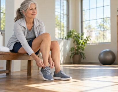 Woman in loose athletic shorts and a light jacket sits on a bench in a bright PT studio, putting on a supportive shoe