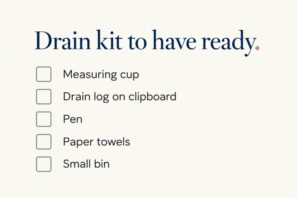 Checklist card titled Drain kit to have ready, listing measuring cup, drain log, pen, paper towels and small bin