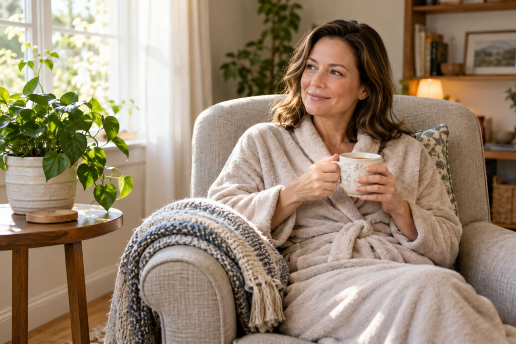 Smiling woman in her 40s in a soft oatmeal robe, seated in an armchair with tea in a bright, calm room