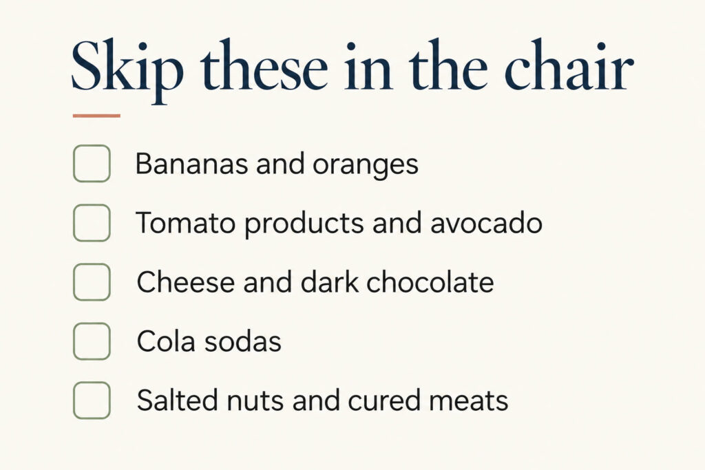 Checklist card listing foods to skip during dialysis sessions, including bananas, oranges, cheese and cola