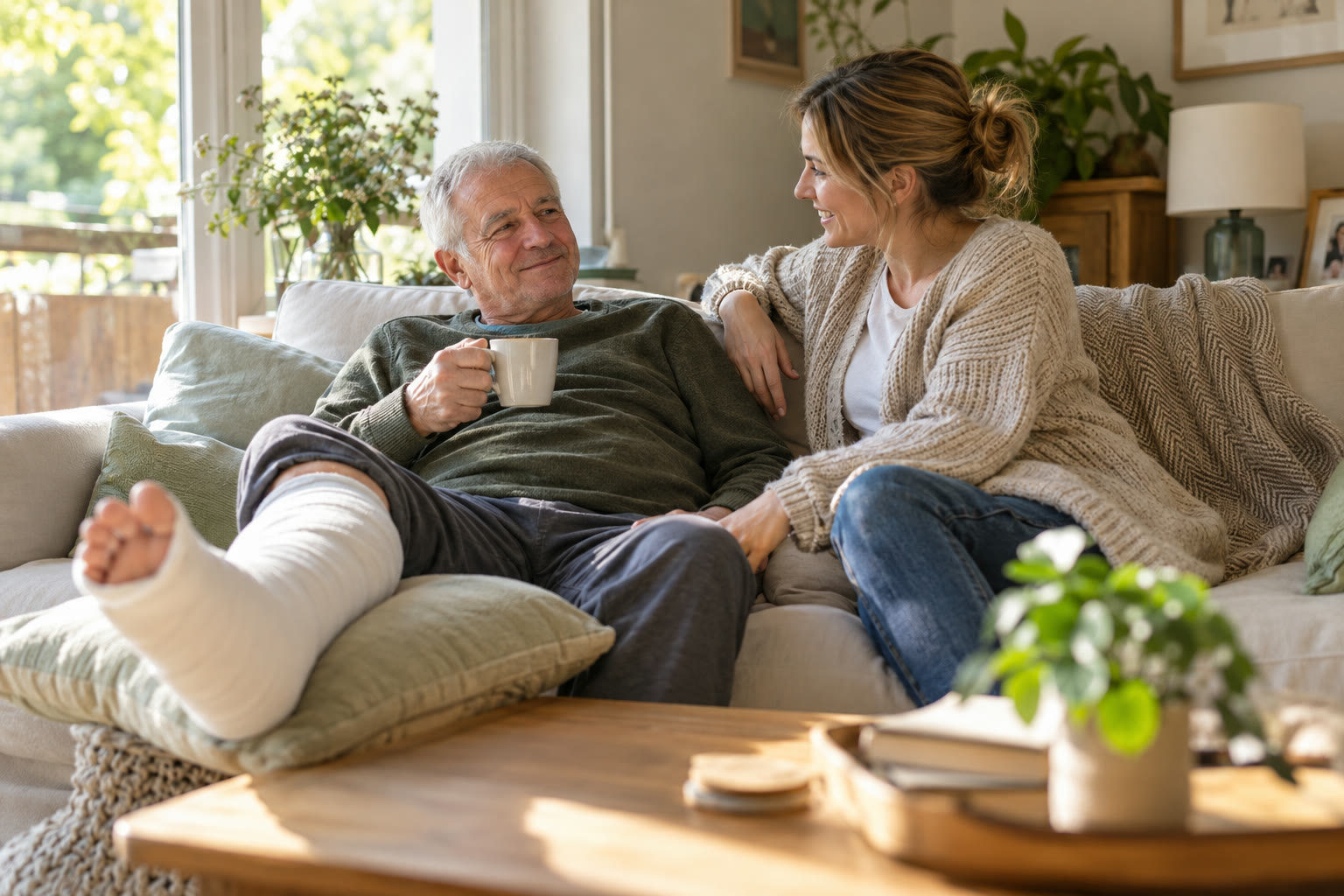Man with a leg cast resting on a sofa at home, smiling as his daughter sits beside him in soft daylight
