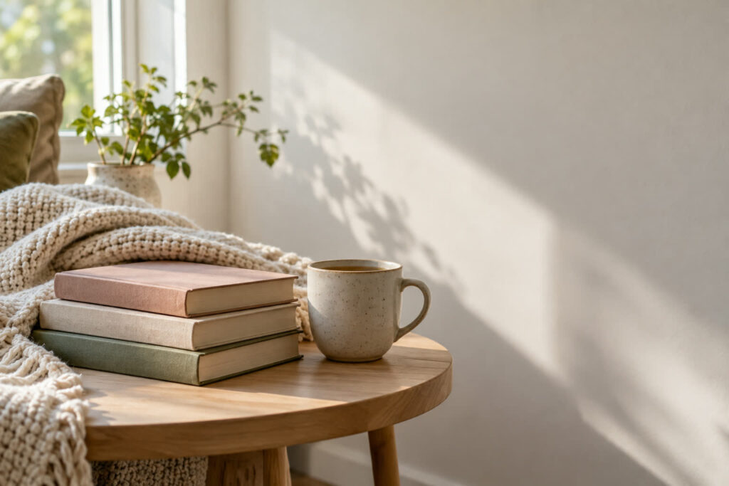 Stack of closed books beside a mug of tea and a folded cream blanket on a wooden table in soft window light