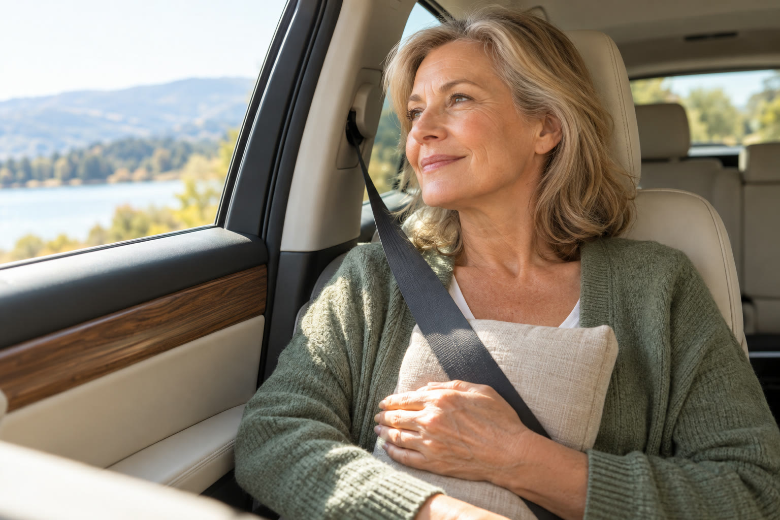 Woman in the passenger seat of a car, seatbelt on, resting a small soft cushion against her chest and smiling calmly