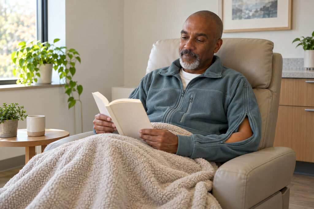 Man in a slate blue fleece jacket relaxing in a treatment chair with a sleeve zipper partly open, reading a book