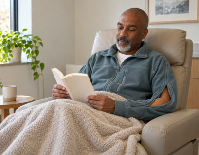 Man in a slate blue fleece jacket relaxing in a treatment chair with a sleeve zipper partly open, reading a book