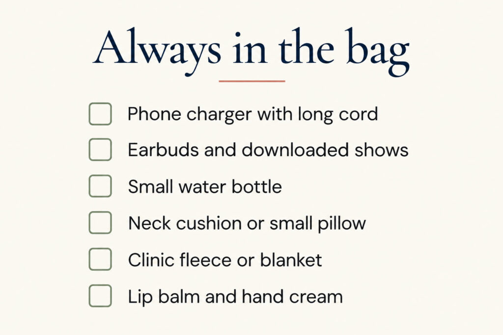 Checklist card of treatment-day essentials: charger, earbuds, water bottle, cushion, fleece, lip balm and hand cream