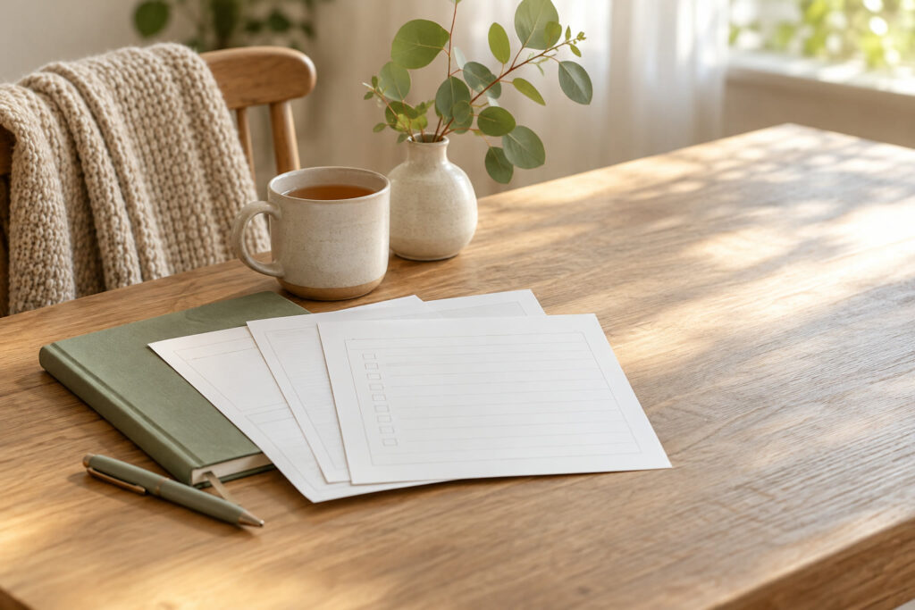 Printed planning sheets, notebook, pen and mug of tea on a light wood table beside a folded oatmeal blanket